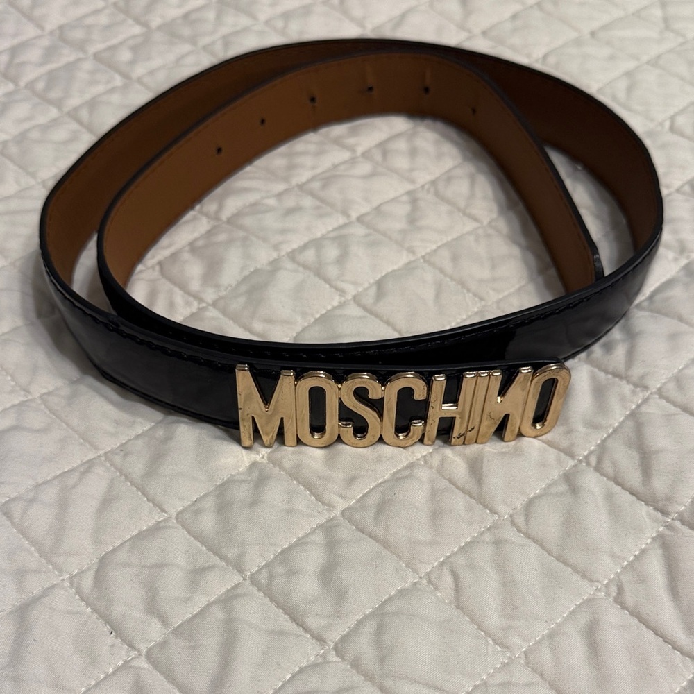 Moschino Glossy Black Belt with Gold Logo